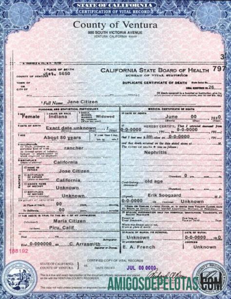 Para baixar modelo de certidão de óbito do estado dos EUA, Califórnia, condado de Ventura, em formato PSD